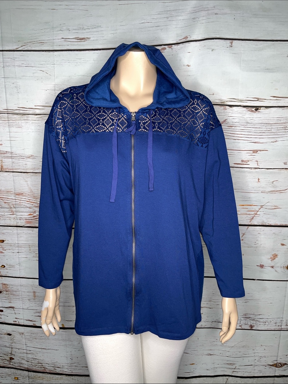 LOGO Lounge Lori Goldstein Sz 2X Blue - Lace Trim Zip Front Knit Jacket w/ Hood